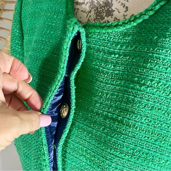 J. Crew Louisa Lady Summer Green Sequin Tweed Knit Gold Button Jacket | Size 6 - Picture 14 of 16